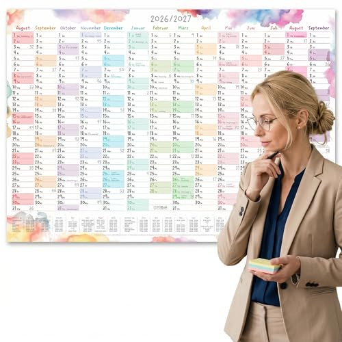 TOBJA Calendrier scolaire A1 2026/2027 « Aquarell Splash » – 14 mois août 2026–sept 2027, vacances/jours fériés DE & AT, 150 g, inscriptible, plié | XL calendrier mural 2026-2027