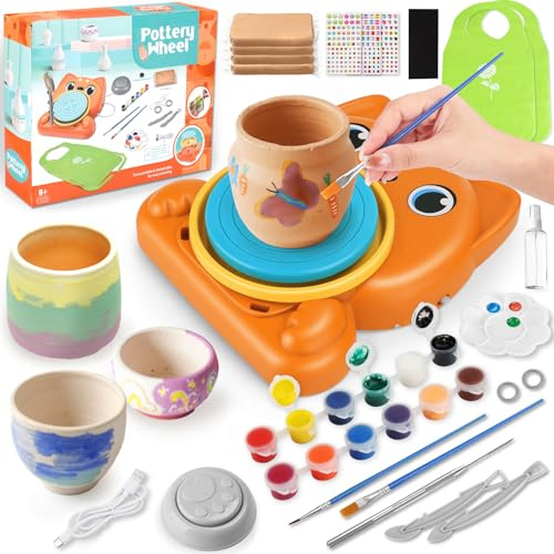 TOSUTO Set De Cerámica para Niños,Set de Cerámica para El Hogar,Mini Torno de Alfarero Eléctrico con Arcilla,Colores,Set de Manualidades Creativas en Cerámicas para Niños a Partir de 6 Años - Naranja