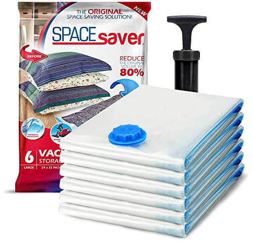 SpaceSaver Vacuum Storage Bags - Clothes Storage Bag Vacuum Pack - Space Saver Vacuum Storage Bags for Clothes Storage, Vacuum Bags for Bedding - Vacuum Bags for Clothes - with Pump (LARGE 6-Pack)