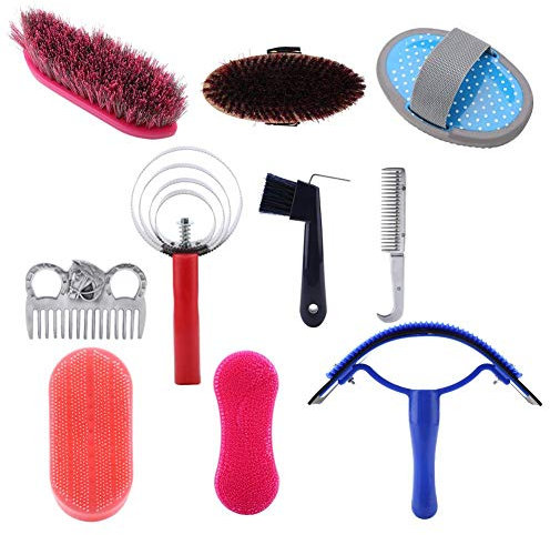 Wincal 10 Teiliges Fellpflege Set für Pferde, Pferdepflege Tasche Currykamm PferdebüRste PferdemäHnekamm Basis AusrüStung für Die TäGliche Pferdepflege(Zufällige Farbe)
