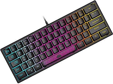 60% Teclado para Juegos con Teclas de Membrana Profesional, Mini Compacto 62 Teclas, USB Cable Teclado Gaming, RGB Chroma Rainbow Retroiluminado, QWERTY Layout, Ultraligero, para PC Mac Laotop-Negro