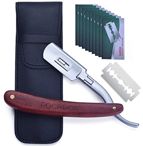 POCRROP Rasiermesser Rasur Enthaarung Barber Rasierer Rasiermesser Set mit Holzgriff, Bart Rasierer Herren mit Wechselklinge Straight Razor inkl [10 scharfe Klingen] und Kunstleder Etui