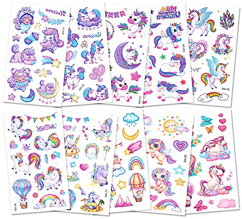 AOOWU Tatuaggi Temporanei per Bambini, 100+ Styles Brillante Unicorno Tatuaggi Finti Modello, Cartoni Tatuaggi Temporanei Set per Ragazza Bambini Adulti Festa Compleann Regalo Giocattolo (A)