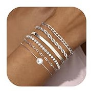 Milacolato 6Pcs Kette Armbänder Set für Frauen Einstellbare Mode 18K verGoldet zierlich Edelstahl Twist Figaro Fischgrätenkette Zirkonia Link Armband Schmuck Silber