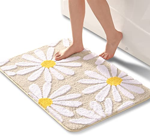 QJHOMO Beige Badezimmerteppich Niedliche Gänseblümchen Badematte rutschfest Waschbar Badteppich Weiße und Gelbe Blume Badvorleger Weiche Duschvorleger Absorbierende Badezimmer Teppich 60x90 cm