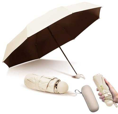 Shunshi Folding Travel Umbrella - 6 Rib, Windproof, Anti-UV Sun & Rain Umbrella, Fast Dry, Portable & Compact with Capsule Case for Men, Women & Teens (Beige)