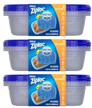 Ziploc Food Storage Meal Prep Containers with Smart Snap Technology, Rectangle, 1.5 QTS, 2 Count, Pack of 3, Clear