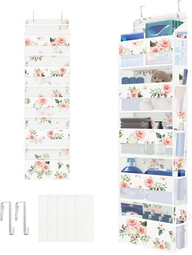 Clastyle Organizador Colgante Puerta Mujer Niña Flor Bolsa Almacenamiento Colgante para Pañales Ropa Juguetes Almacenaje Colgante para Dormitorio Baño Camping, Blanco, 5 Bolsillos