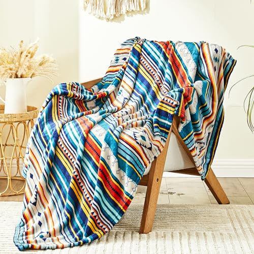 Qucover Manta Ultra Suave para Sofá Grande, Franela Azul a Rayas para Cama 180, Decorativa Bohemia Azteca Caliente y Ligera para Todas Las Estaciones, 230x270cm