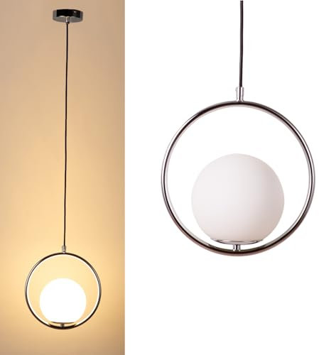Alpinaluz Lampada a sospensione a sospensione a forma di anello con sfera di vetro opale bianco e base metallica in colore cromato, design moderno, portalampada E27