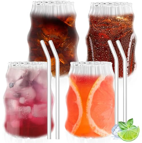 Juego de 4 vasos para café con latte macchiato, 530 ml, vasos de café acanalados con 4 pajitas, capuchino, tazas de café, tazas de té, tazas de café, café helado, vasos de café para bebidas