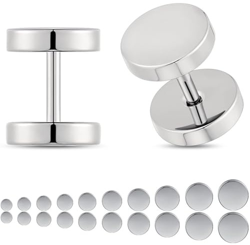 JEYORZY Lot de 10 paires de boucles d'oreilles argentées pour homme - En acier inoxydable hypoallergénique - Boucles d'oreilles en forme de cercle - Faux plug tunnel - Boucles d'oreilles pour homme