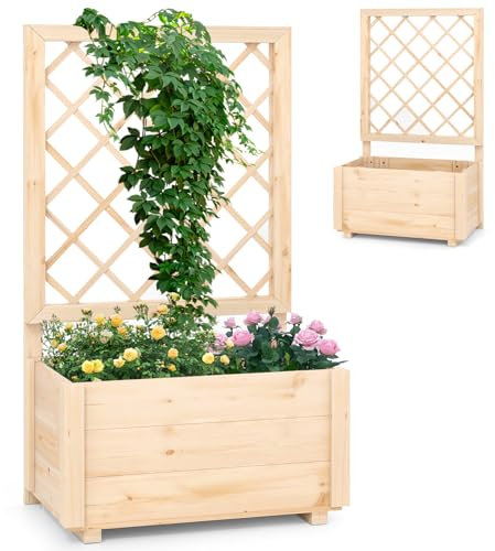 HOMASIS Pflanzkübel mit Rankgitter, Blumenkasten mit Spalier, Pflanzkasten aus Massivholz, Hochbeet Pflanzgefäß Rankkasten Gartenspalier Rankhilfe für Balkon, Garten, Terrasse, Natur (58x35x101cm)