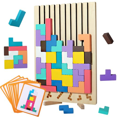 UptVin Wooden Stacking Puzzle Toy, 3D Montessori Wooden Stacking Puzzles Game, 3D Russian Blocks Game with 10 Cards, Colorful Block Puzzle Game for Adults and Kids