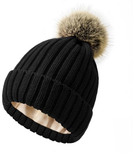 PONCEAU Womens Winter Hats - Winter Satine Lined Beanie Fur Pom Pom Beanie Hat for Women Winter Hats Thermal Knit Hats with Cozy Faux Fur Lined Black