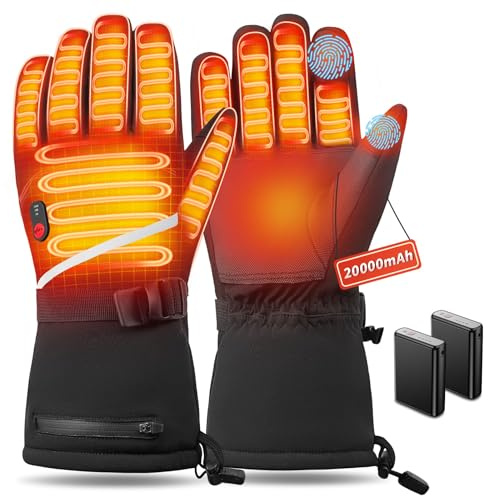 20000mAh Rechargeable Heated Gloves, Electric Heating Gloves for Men Women, 7.4V USB C Recharging & Fast Heating, Touchscreen, 3 Heat Settings, Waterproof Winter Gloves for Skiing, Hiking, Cycling