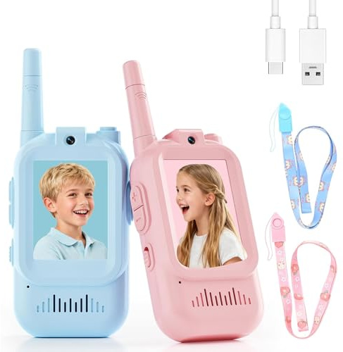 Walkie Talkie para Niños con Video, Paquete de 2 Juguetes de Regalo de Largo Alcance Recargables para Niños Pequeños Con Cámara HD y Cambiador de Voz Para Niños y Niñas de 3 a 8 Años(Pink + Blue)