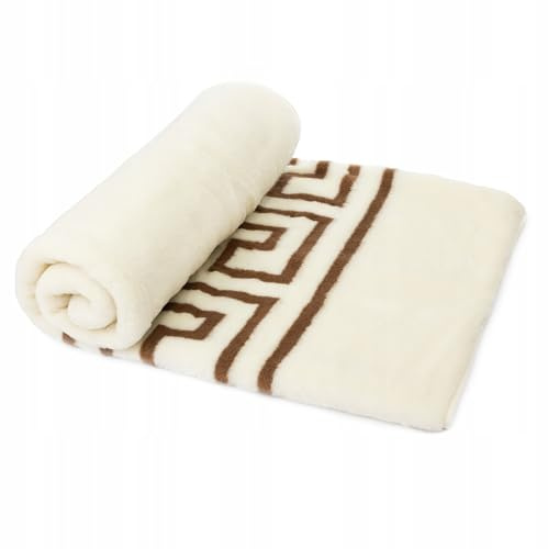 Wool & Home Merino Wolldecke 220x200 cm – Kuscheldecke aus 100% Merinowolle, Cremefarbene Decke mit Brauner Griechischer Mäander-Bordüre – Gewicht 500 g/m² – Atmungsaktiv und Langlebig