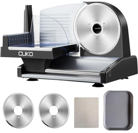 CUKO Meat Slicer,200W Electric Deli Meat Slicer, 2 Removable 7.5'' Stainless Steel Blades & Tray, 0-15mm Adjustable Thickness, Easy to Clean, for Meat, Cheese, Bread, Fruits and Vegetables
