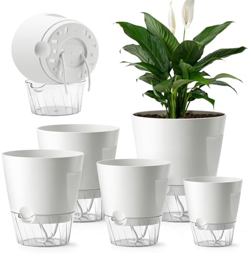 Coomir Kräutertopf Selbstbewässernd 5er Set, Kunststoff Blumentopf Weiß mit Abflusslöchern & Transparentem Wasserreservoir & Baumwolldocht, 20/18/15/12,5/10CM Basilikum Topf für Innenraum Garten