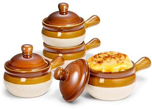 KooK Vajillas para sopa de cebolla francesa con tapas, cuencos de cerámica, asas grandes, aptos para lavavajillas, microondas, horno y asador, marrón/blanco, juego de 4, 15 onzas, colección Puebla