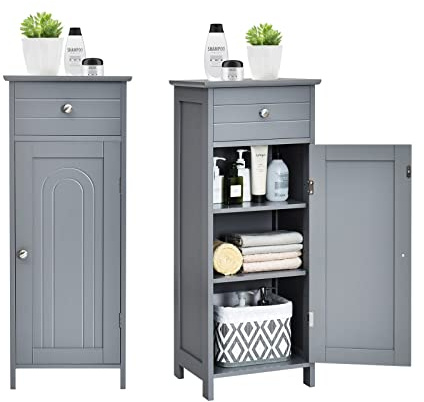 GIANTEX Badezimmerschrank Badschrank mit Schublade & 3 Einlegeböden, Bodenschrank Toilettenschrank kompakt und platzsparend, Standschrank Midischrank bodenstehend, Badkommode 35,5x30,5x88 cm (Grau)