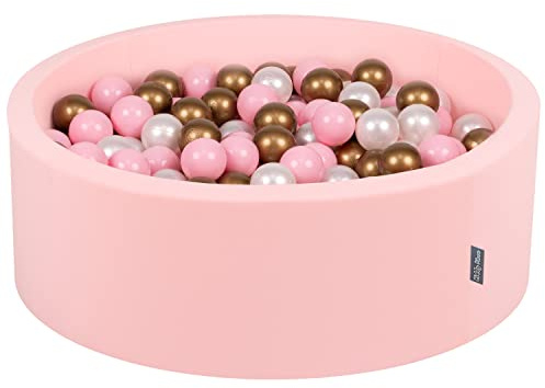 KiddyMoon Rund babybollspool 90 x 30 cm/200 bollar 7 cm bollgropar leksak barn, rosa: puderrosa/pärla/guld