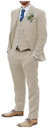 Completo da uomo in lino, 3 pezzi, morbido, da spiaggia, da matrimonio, blazer, set da sposo, Beige, 46