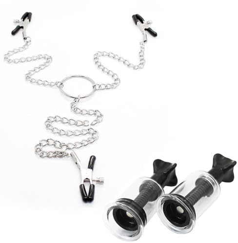 BDSMAGE 2 stk Nippelsauger + Nippelklemmen Kette mit Klitoris Klemmen,BDSM Sexspielzeug Brust Stimulation Set für Damen,Brustwarzensauger Klitoris Sauger Brustpumpe Nippelclip Für Frauen
