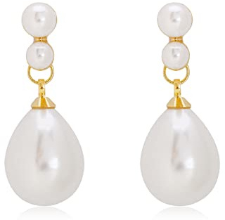 Clip On Pearl Earrings Gold Tone Teardrop Dangle Earrings Clip-On Drop Earrings Non Piercing Earrings Round Flower Teardrop Shape Gifts for Women Birthday Wedding