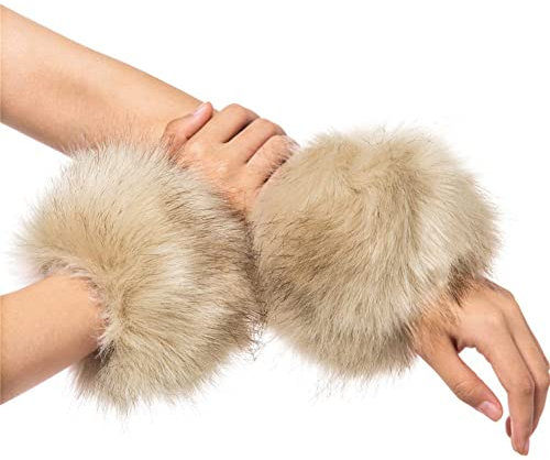 1 Paare Fell Pelz Armstulpen,Damen Pulswärmer Pelz Kunstfell Fellstulpen Fell Manschette Handschuhe Pulswärmer Kunstfell Winter Handgelenk Wärmer für Pullover Mantel Weste Jacken für Frauen,Beige