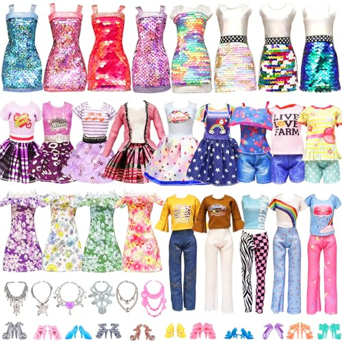 26 PCS Doll Clothes and Accessories Set, 3 Sequins Dresses 3 Skirts 1 Floral Dress 3 Tops 3 Pants 10 Shoes 6 Neckless, Girls Birthday Gifts Compatible with Barbie 11.5 Inch Girls Dolls(Random Style)