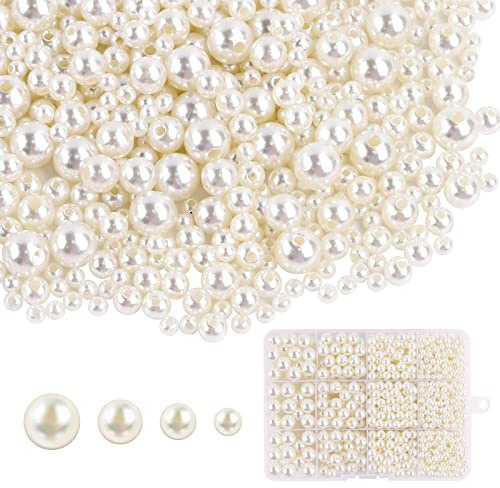 1480Pcs White Pearl Beads for Crafting, 4 6 8 10mm Round Pearls Various Size Mixed Acrylic White Beads for Bracelet Jewellery Earring Necklace Making DIY