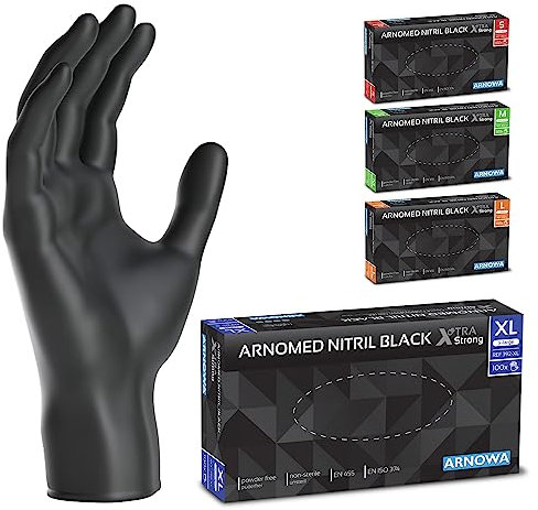 ARNOMED Einweghandschuhe Schwarz Extra Stark, Einmalhandschuhe XL, 50% dickere Nitrilhandschuhe, 100 Stk./Box, Handschuhe Einweg puderfrei, latexfreie Gummihandschuhe, Einweghandschuhe in S, M, L & XL