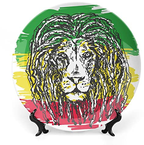 6 Inch Decorative Plate, Rasta Tableware Plate, Ethiopian African Culture Hair Style Lion Head Portrait Print Ceramic Wall Hanging for Home Office Party Dinner Table Decor, Green Yellow and Red