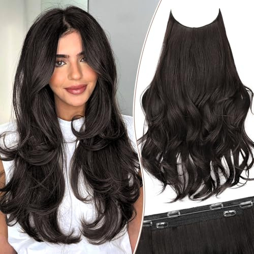 KooKaStyle Invisible Wire Hair Extensions 20 Long Wavy Layered Synthetic Clip in Hair Extension with Transparent Wire Adjustable Size 6 Secure Clips Dark Brown Thick Hairpieces for Women20 Inch,150g