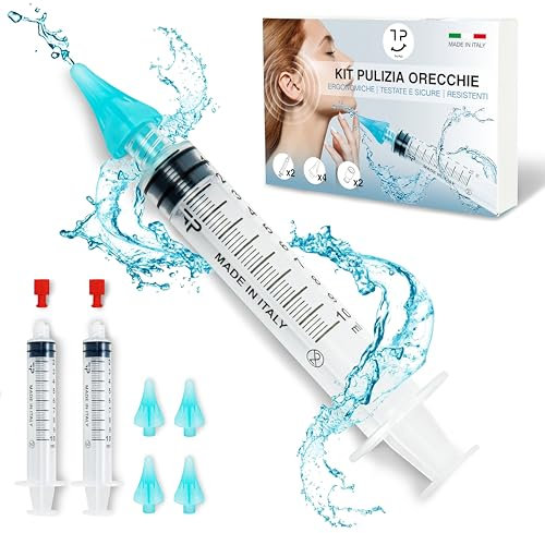TRE PURI® Pulizia Orecchie per Adulti Made in Italy – Set Pulisci Orecchie – Kit Professionale Siringhe e Coni Orecchie Morbidi per Soluzione Fisiologica – Tappini e E-book OMAGGIO