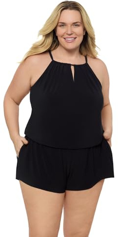 Aqua Green Women's Keyhole Blouson Slimming Swim Romper with Pocket, Black, Medium