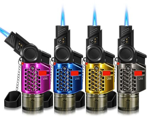 WANBRO 4 Pack of Torch Lighter, 30° & 45° Rotatable Windproof Jet Flame, with Safety Lock, Butane Gas Refillable Mini Jet Torch Lighters for Candle, Grill, Firework (NO Gas)