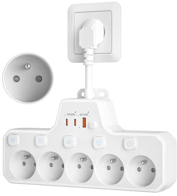 Multiprise avec Interrupteur Individuel,Multiprise Electrique 5 Prises Française avec Terre 16A 2P+T,Prise Multiple Murale avec USB C Charge Rapide PD20W,Bloc Rallonge Parafoudre Câble Court,Blanc