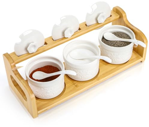 Acshio 10 Pack Sauce Serving Dish, 5 Oz Ceramic Chip Dip Sauce Bowls with Spoons Lids for Party, 3 Condiment Seasoning Jars with Bamboo Tray for Snacks, Appetizers, Sauces