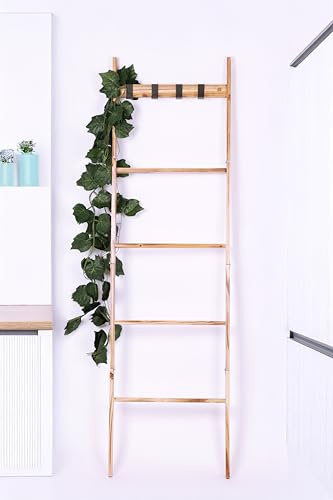 Casa Class Wood Blanket Ladder, 5-Tier Decorative Quilt Holder, Wall-Leaning Towel Rack for Living Room & Bedroom, Rustic Farmhouse Blanket Display Shelf for Bathroom & Home Décor
