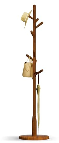 Awatiwa Solid Wood Round Base Coat Rack, Free Standing Hall Coat Tree with 8 Hooks(+2 spare for Coats, Hats, Bags, Purses, for Entryway, Hallway, Rubberwood Hooks,Base and Pole(Round Base,Brown)