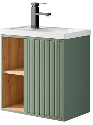 UEV Mobile Bagno con Lavabo in Resina, Mobiletto Bagno Sospeso con Unico Design e Praticità, Motivo a Righe Verticali, 50,5 x 30 x 50 cm, Verde