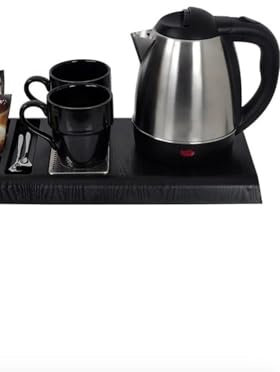 Hotel Room Electric Kettle Set with Tray, Stainless Steel 1L Kettle, 2 Ceramic Cups and Tea Accessories, Black (304 Stainless Steel Electric Kettle Mini Cordless 360 Degree With Tray Set)