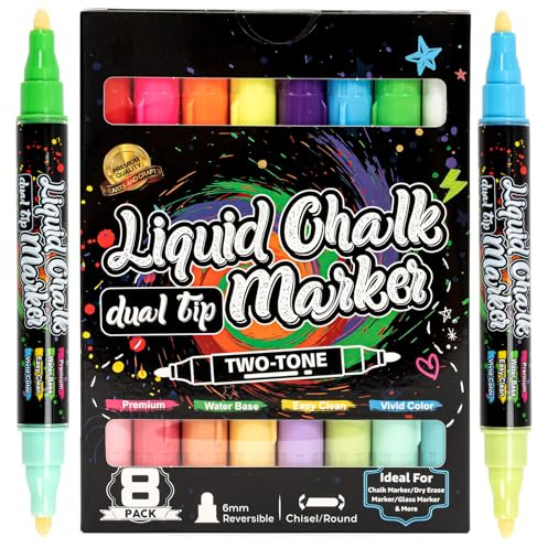 Yikki Pennarelli a gesso liquido, pennarelli a doppia punta per lavagne, punta reversibile per lavagne, cartelli, finestre, disegni AD, lavagne LED e bistrot (confezione da 8, 16 colori)