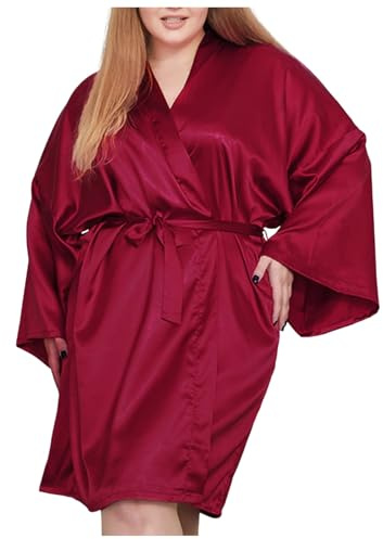 Generisch Chemise de nuit à manches longues pour femme peignoirs en satin grande taille Kimono soyeux Peignoir de bain Vêtements de nuit courte Ensemble de vêtements de nuit