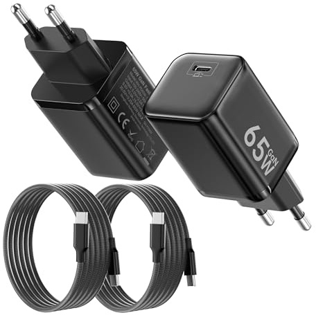 2PCS Cargador USB C 65W, Carga Rápida PD3.0 PPS Adaptador Portátil GAN II con Cable USB C Trenzado 2M, Compatible para MacBook Pro/Air, para iPhone 17/16/15, para Samsung Galx S25/S24/S23(Negro)
