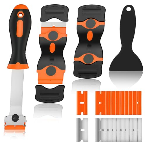 CllyCnny Razor Blade Scraper Tool -4 Pack Cleaning scrapper with 10 Metal & 10 Plastic Razor Blades Multi-Purpose Glass Scraper for Windows, Sticker, Decals, Cooktop, Paint Removal,Stovetop(Orange)