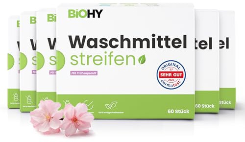 BiOHY Laundry Detergent Sheets with Spring Fragrance (6 x 60 Pieces) Sustainable Universal Travel Detergent without Plastic 100% Biodegradable Washing Paper Water-Soluble Detergent Strips